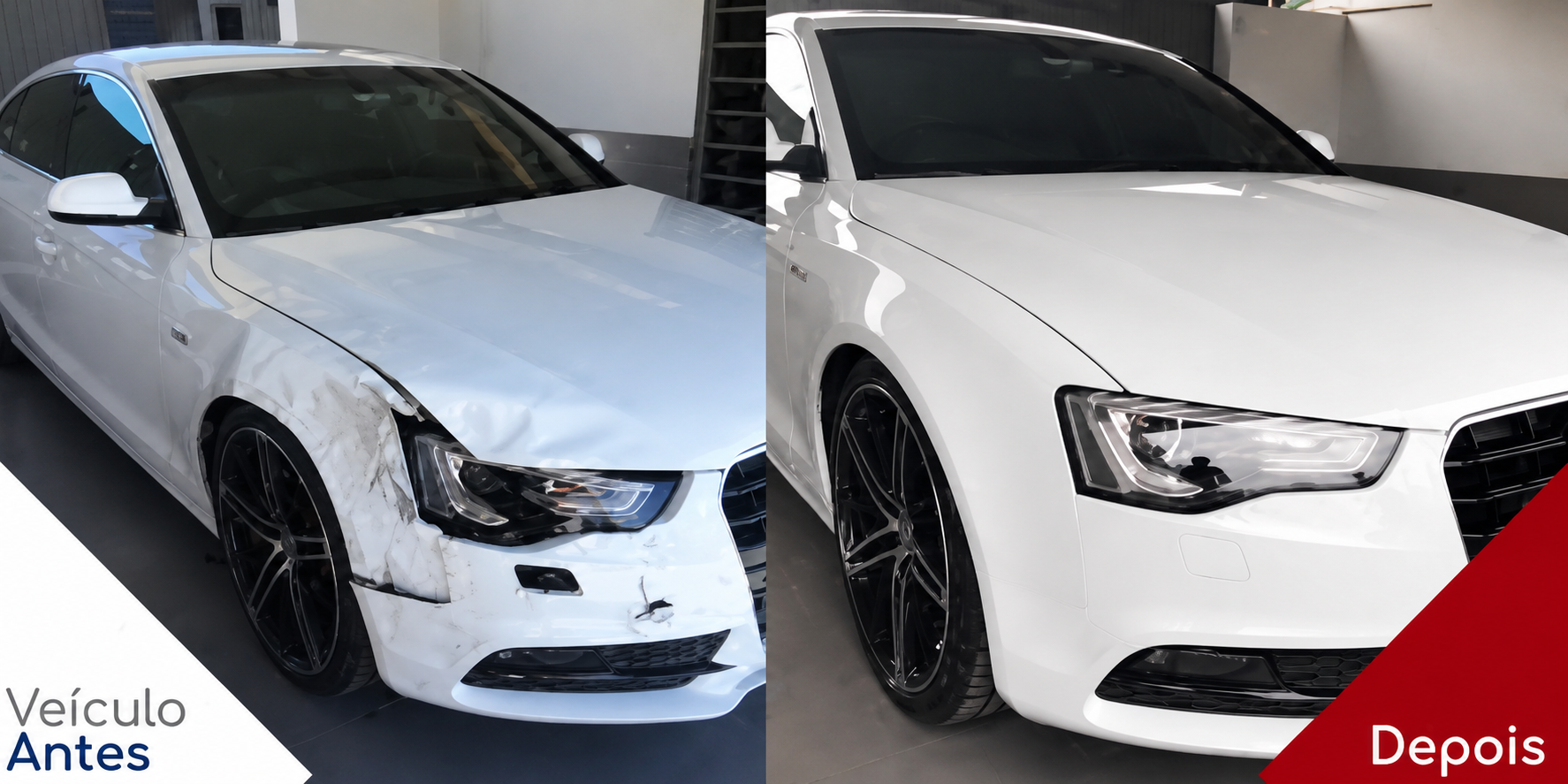 Veículo antes e depois — Audi branco recuperado